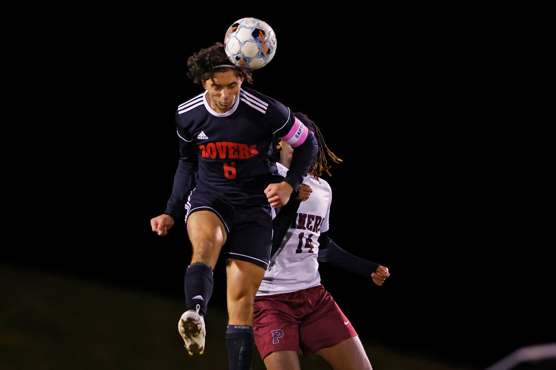 Easton's Luca Cabrera (6) heads the ball in front of Phillipsburg's Christian Martin (14) during a boy’s soccer match in Easton on Oct. 13 2025.