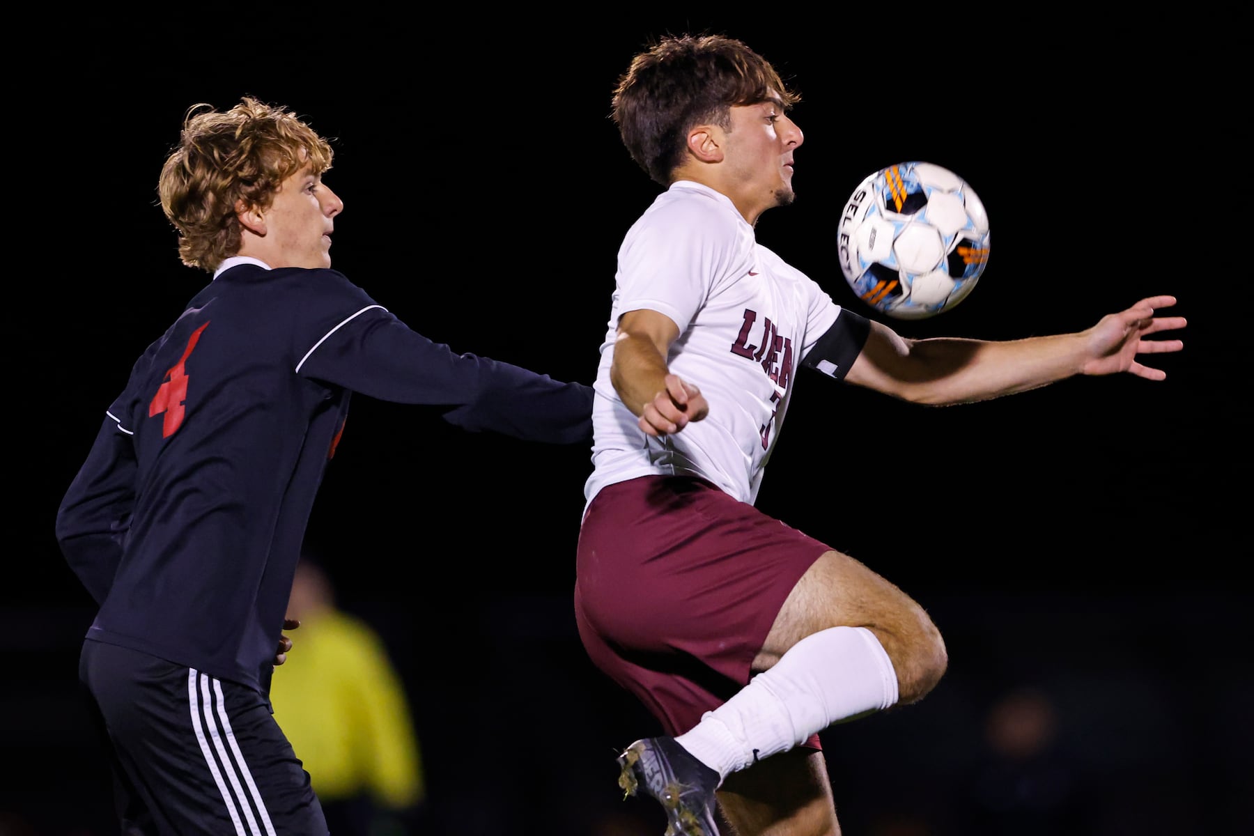 Phillipsburg's Joseph Firetto (3) keeps the ball away from Easton's Charles Kranich (4) during a boy’s soccer match in Easton on Oct. 13 2025.