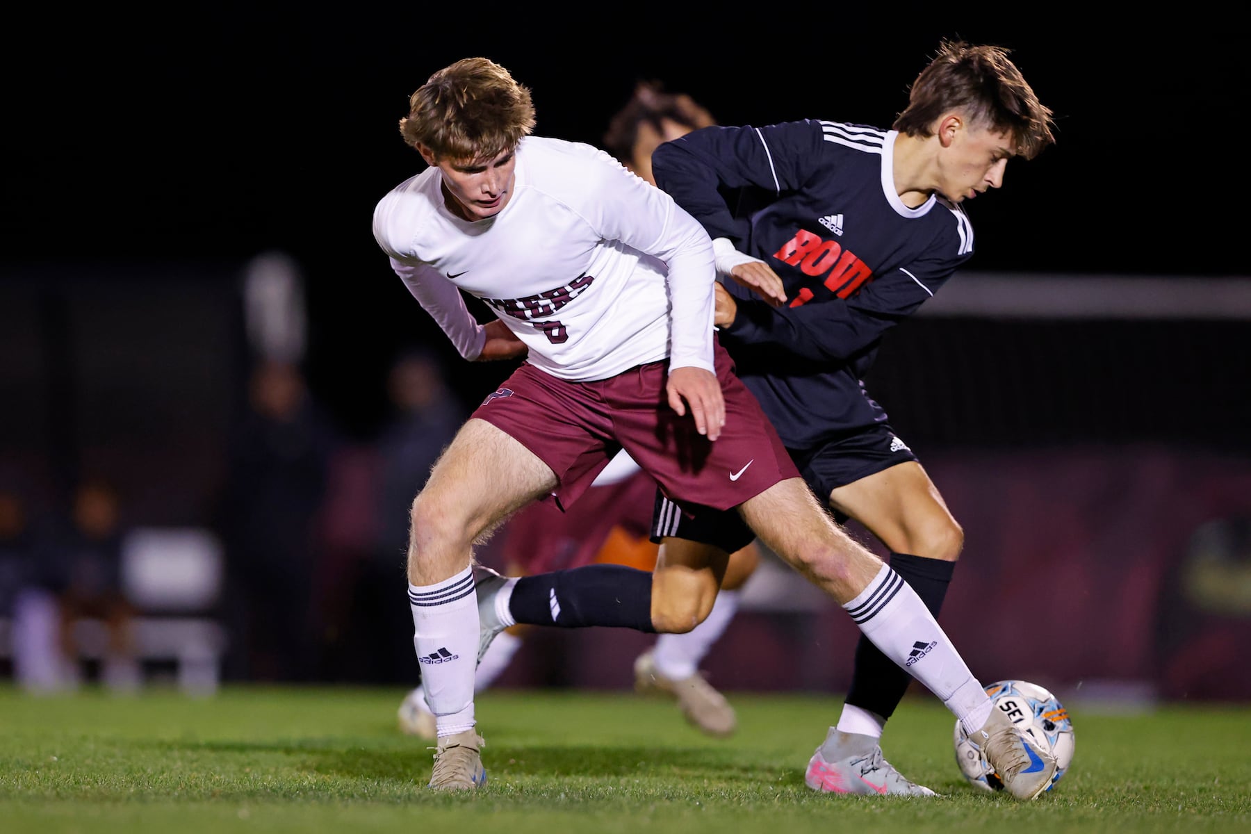 Phillipsburg's Declan Heagney (6) battles Easton's Vincenzo Gaffney (17) for the ball during a boy’s soccer match in Easton on Oct. 13 2025.