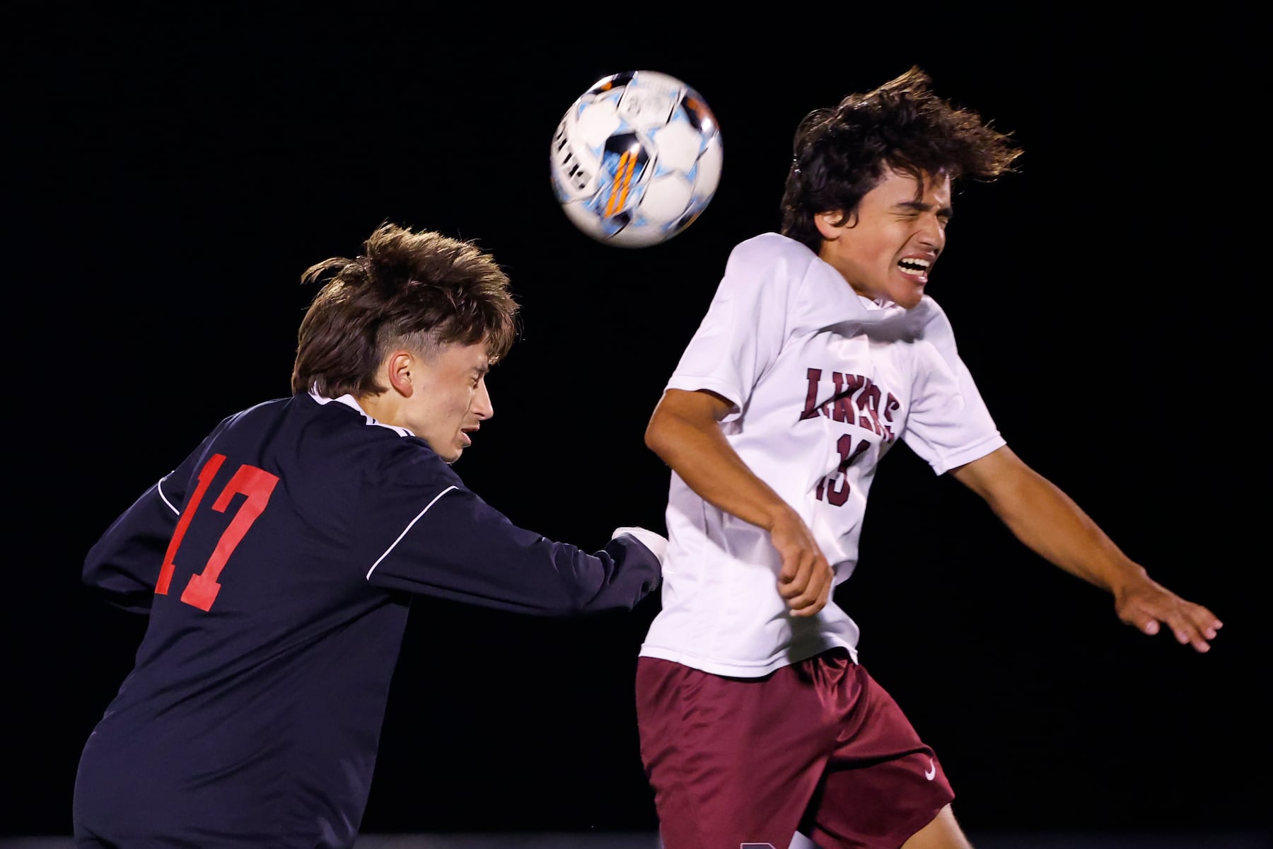 Easton's Vincenzo Gaffney (17) battles Phillipsburg's Dylan Espinoza (13) for a header during a boy’s soccer match in Easton on Oct. 13 2025.