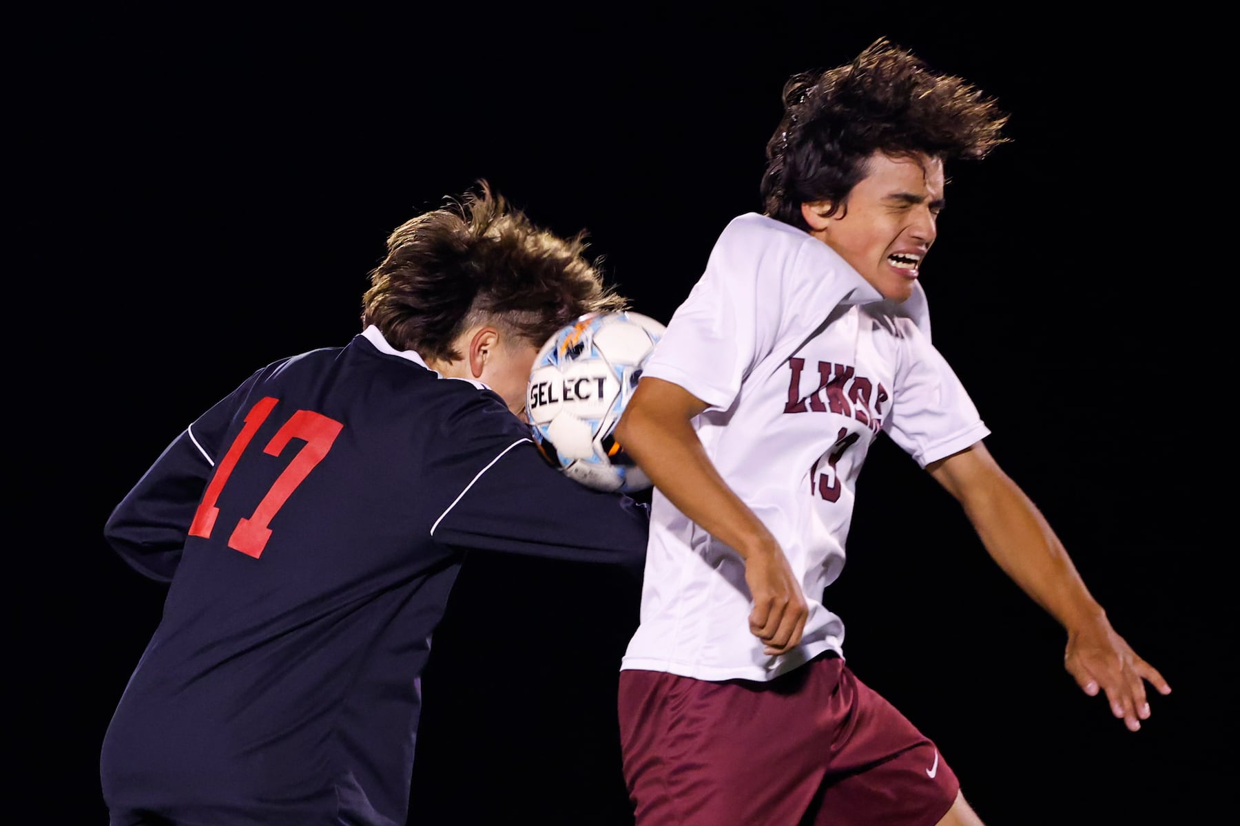 Easton's Vincenzo Gaffney (17) battles Phillipsburg's Dylan Espinoza (13) for a header during a boy’s soccer match in Easton on Oct. 13 2025.