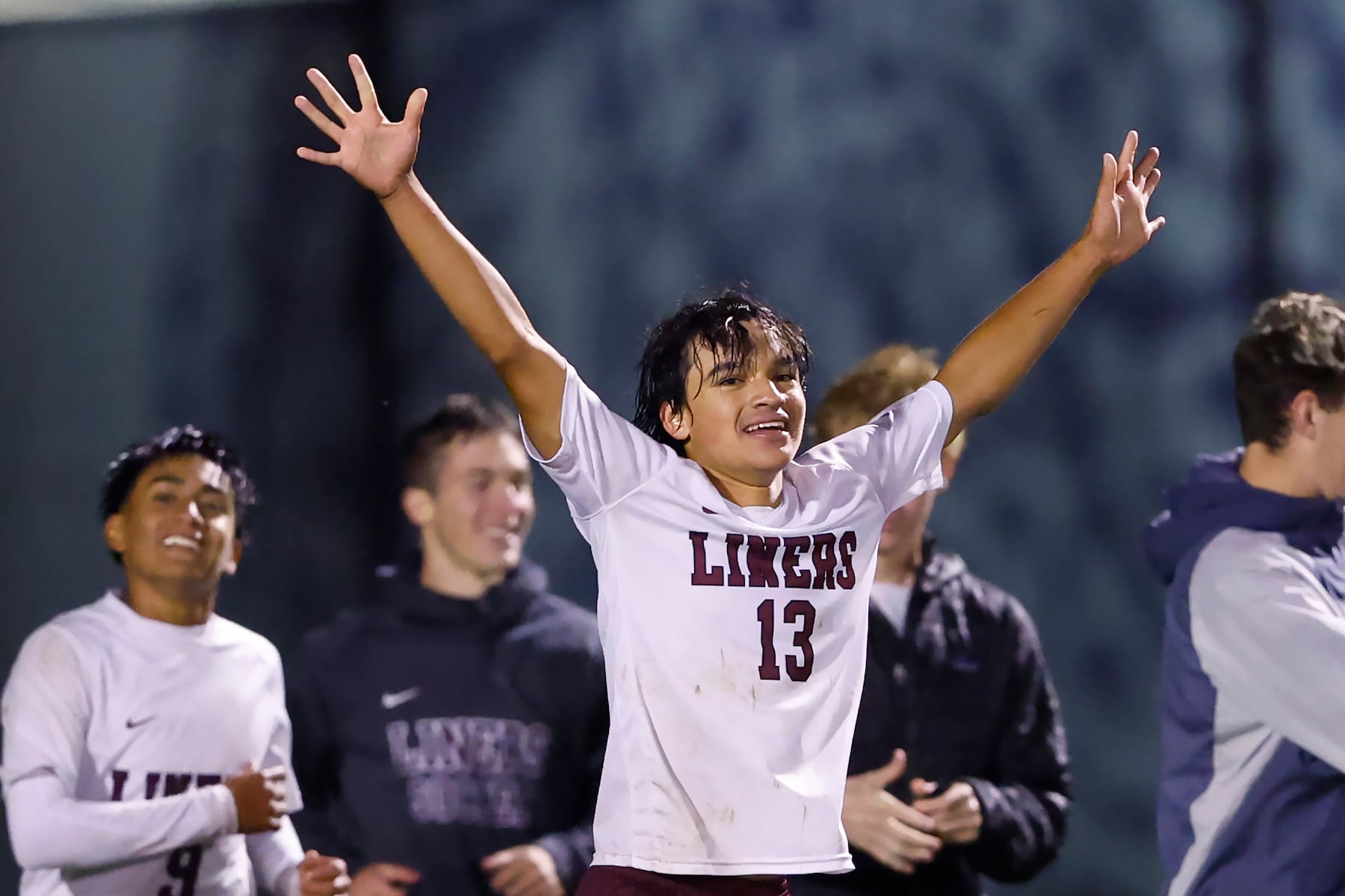 Phillipsburg's Dylan Espinoza (13) reacts after defeating Easton in double-overtime in a boy’s soccer match in Easton on Oct. 13 2025.
