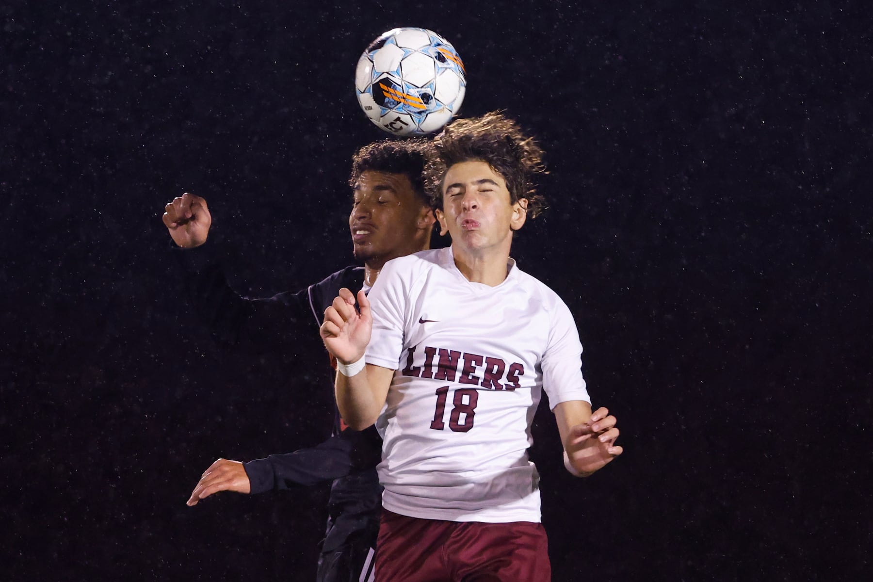 Phillipsburg's Aidan Lavrador (18) battles Easton's Youseff Messelhy (19) for a header during a boy’s soccer match in Easton on Oct. 13 2025.