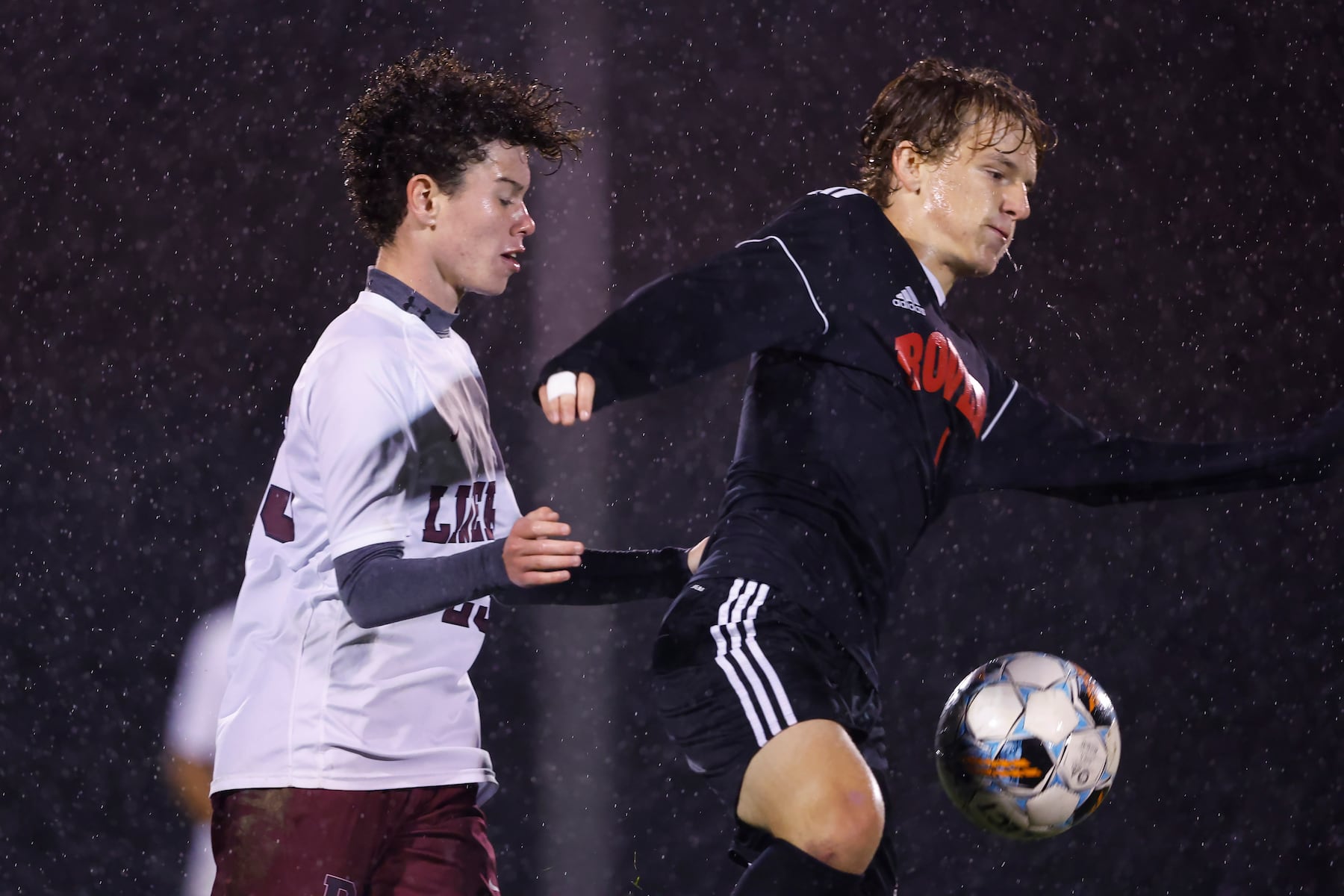 Easton's Charles Kranich (4) holds of Phillipsburg's Daniel Thompson (23) during a boy’s soccer match in Easton on Oct. 13 2025.