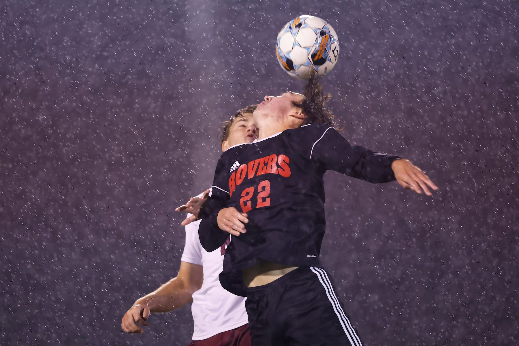 Easton's Evan Thorton (22) battles Phillipsburg's Jack Johnson (41) for a header during a boy’s soccer match in Easton on Oct. 13 2025.