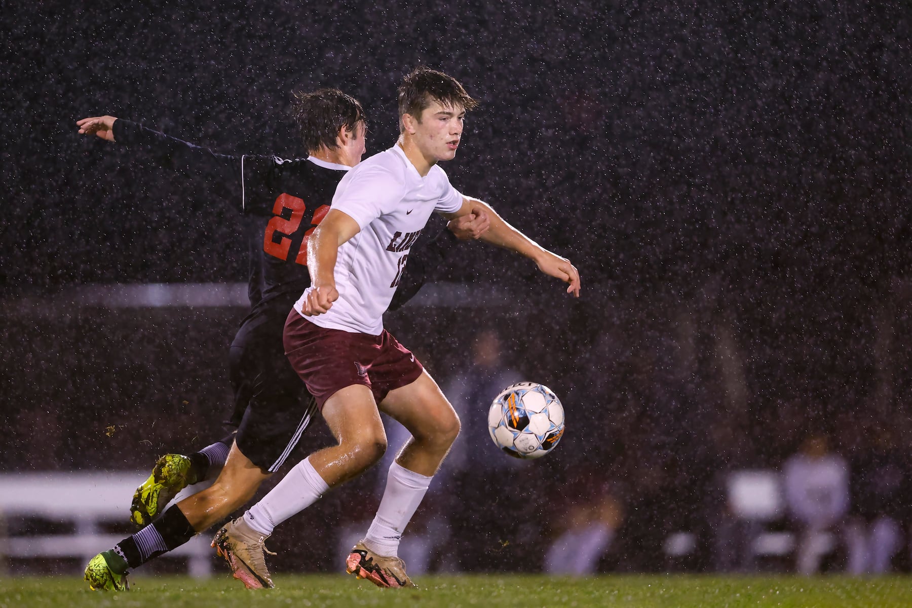Phillipsburg's Gavin Geleta (12) battles Easton's Evan Thorton (22) during a boy’s soccer match in Easton on Oct. 13 2025.