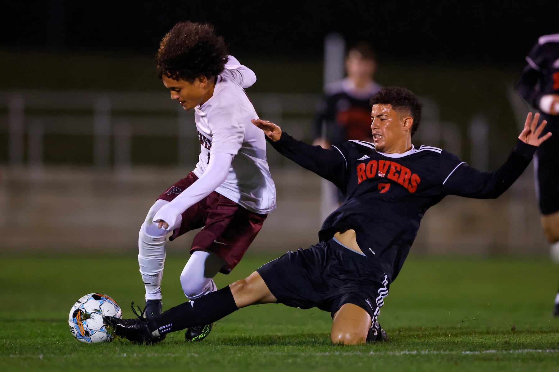 Easton's Jesus Uzcategui (7) battles Phillipsburg's Elias Velez (4) during a boy’s soccer match in Easton on Oct. 13 2025.