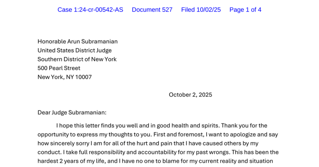 Sean Combs’s Letter to the Judge