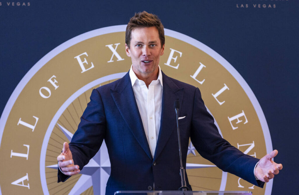 Tom Brady speaks about his new venture during the Hall of Excellence Press Conference at the Fo ...