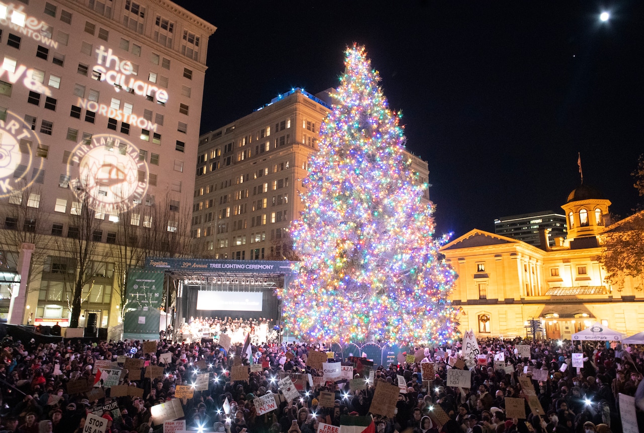 Annual tree lighting ceremony held at Pioneer Courthouse Square in Portland