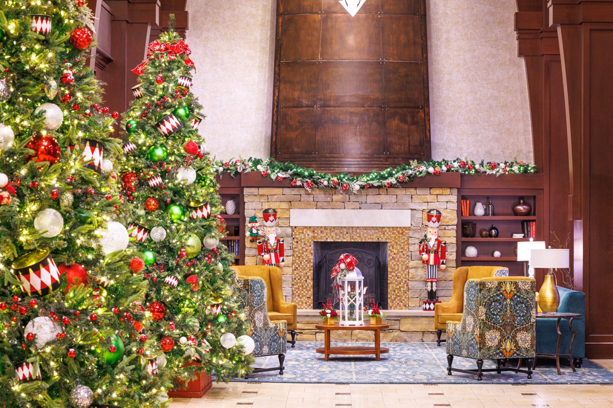 the decorated lobby of the Ross Bridge resort