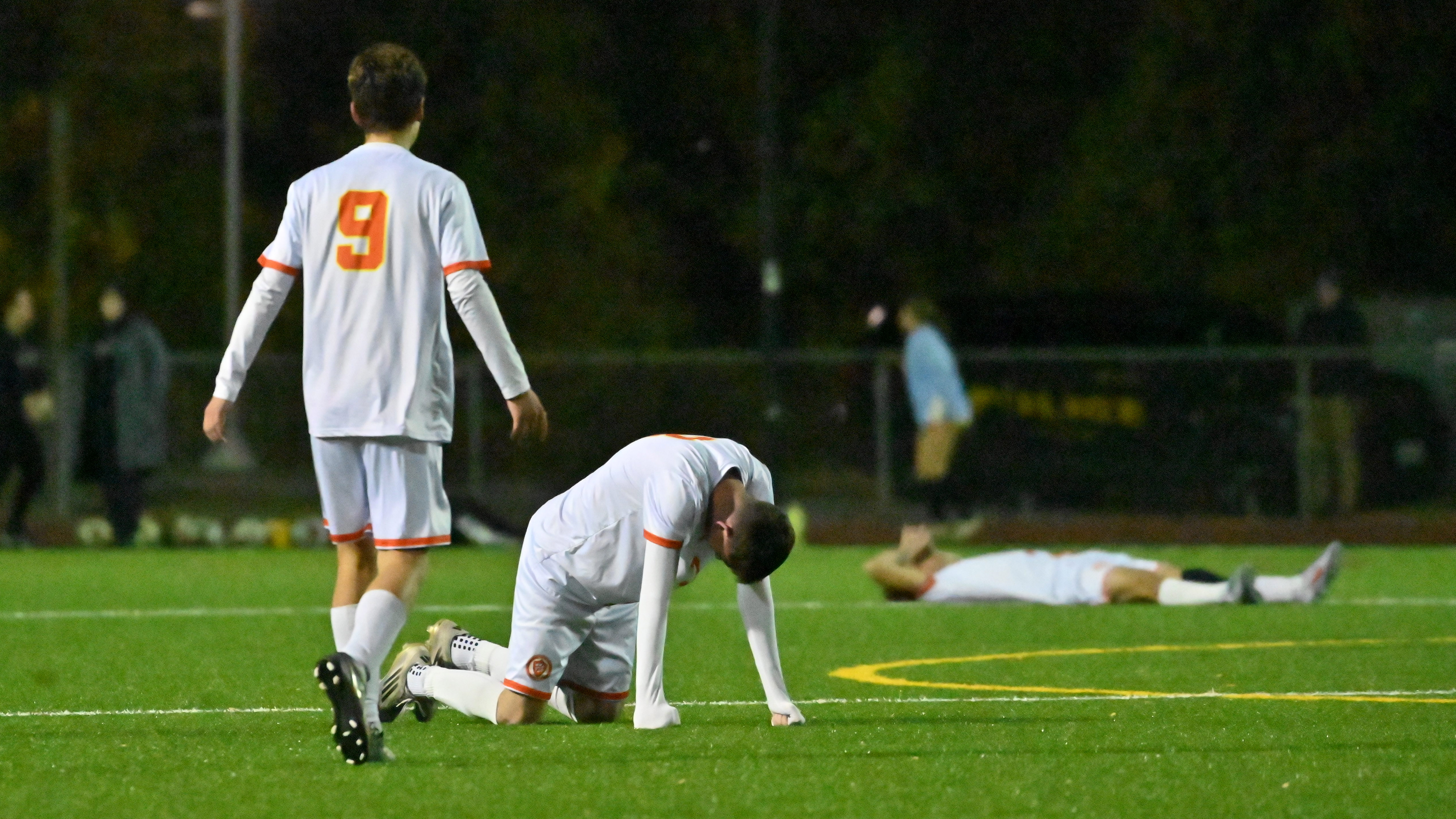 Fallston players react to their loss to Glenelg during the Class 2A boys soccer state championship game at UMBC on Thursday. (Brian Krista/Staff)