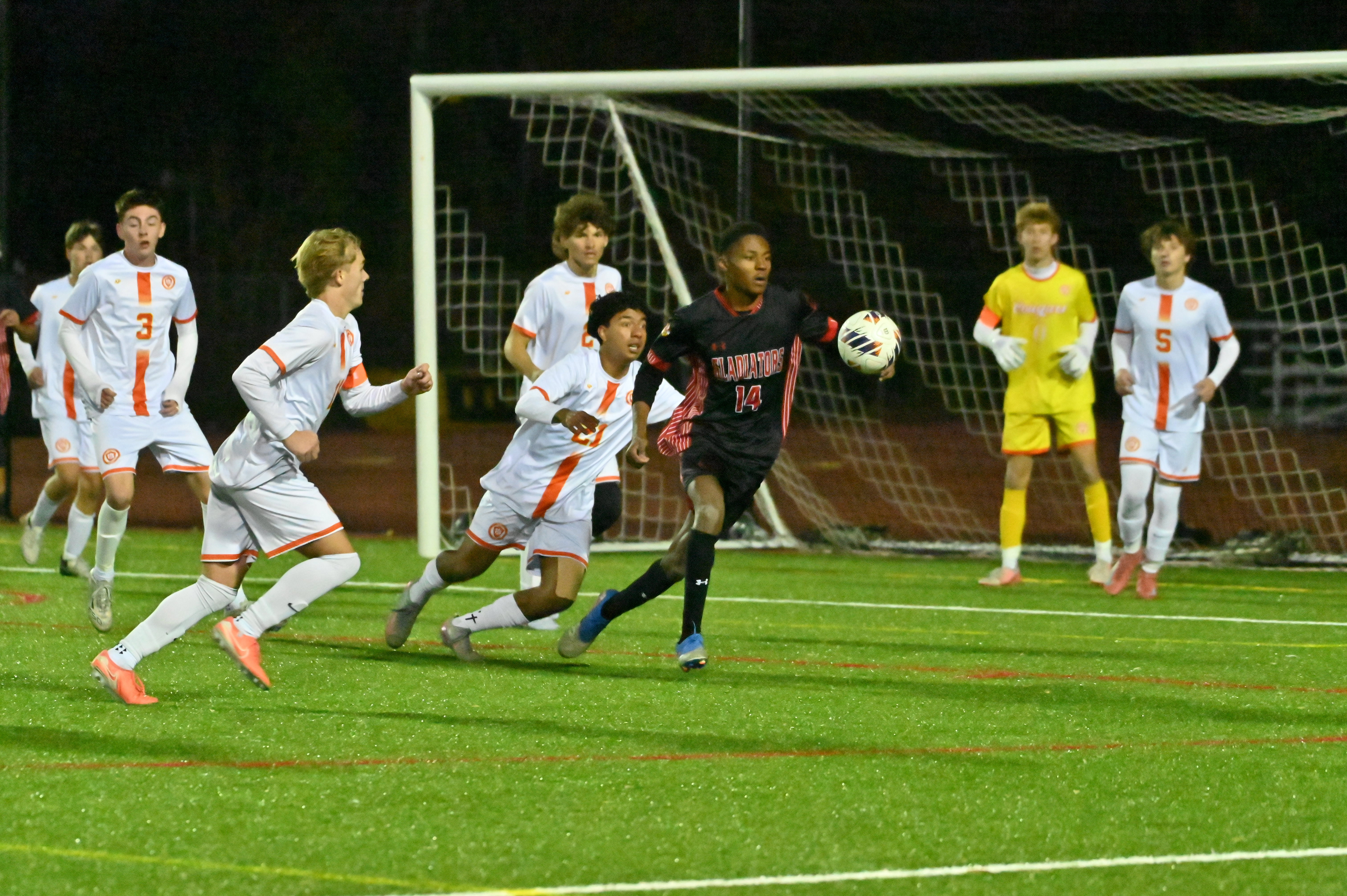 Glenelg's Tito Tokunboh-Salako tries to control the ball in front of Fallston's goal during the Class 2A boys soccer state championship game at UMBC on Thursday. (Brian Krista/Staff)