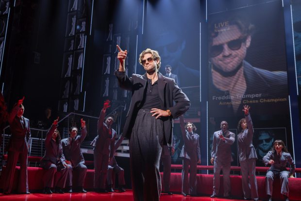 Aaron Tveit (Freddie Trumper) and cast in "Chess" on Broadway at the Imperial Theatre in New York. (Matthew Murphy)