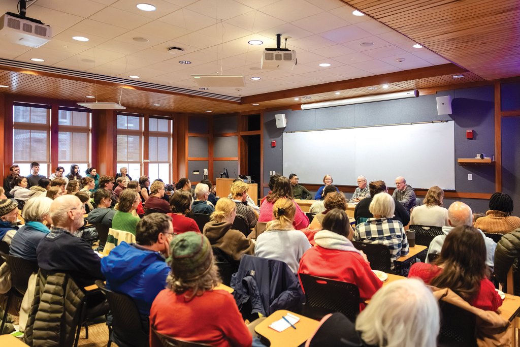 Bill McKibben (second from right) participating in a panel discussion at the Franklin Environmental Center at Middlebury College