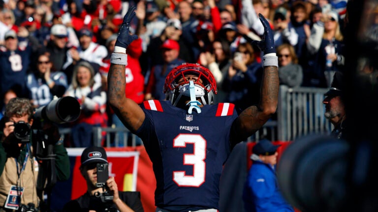 New England Patriots wide receiver DeMario Douglas (3) celebrates his touchdown during the first quarter. The New England Patriots played the Atlanta Falcons at Gillette Stadium on Nov. 2, 2025.