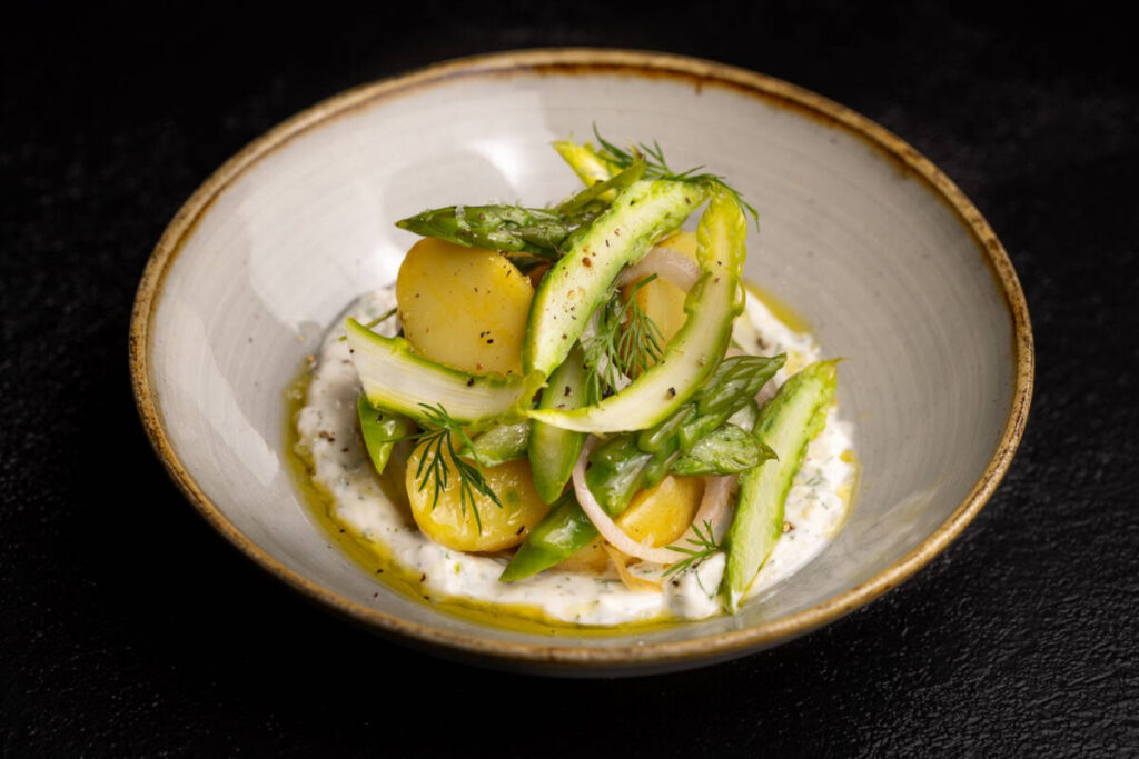 Delta asparagus with poached new potatoes from Crossroads Kitchen in Resorts World on the Las V ...