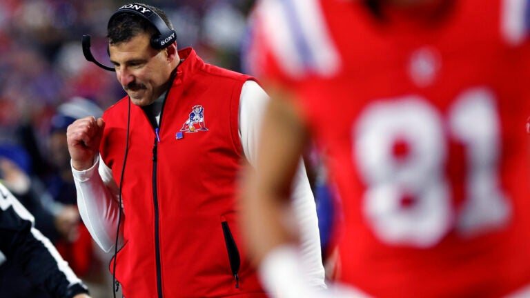 New England Patriots head coach Mike Vrabel reacts after wide receiver Kyle Williams (not pictured) scores a touchdown during the second quarter. The New England Patriots played the New York Giants at Gillette Stadium on December 1, 2025.