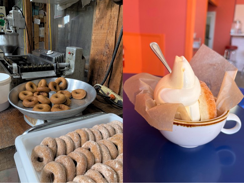 Left: Hudak Farm’s cider doughnuts. Right: Mr. Creemee doughnut sandwich
