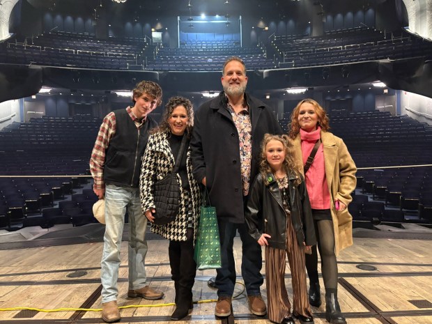 Rooney Rimmer with her parents, Jeff and Megan, and siblings Jude, 16, and Lennon, 14, on the Broadway stage of "Wicked" in New York City. (Rimmer family)