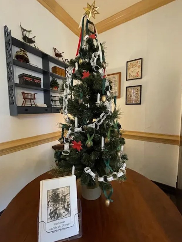 A recreation of what the first Christmas tree at the Tucker House may have looked like in 1842. (Colonial Williamsburg)