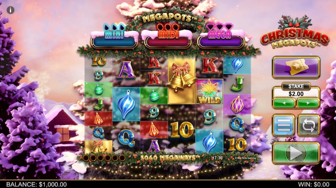 A screenshot of the Christmas Megapots slot game.