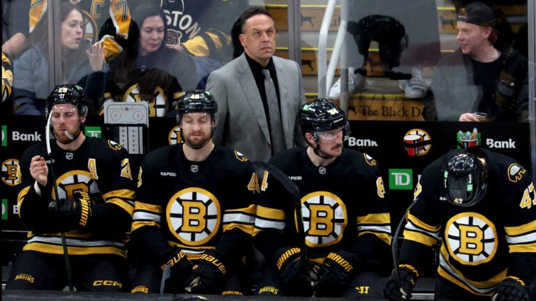 Boston Bruins head coach Marco Sturm during an NHL hockey game against the Detroit Red Wings, Saturday, Nov. 29, 2025, in Boston.