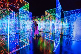 People move through a darkened space between large, clear panels illuminated with attractive glowing patterns.