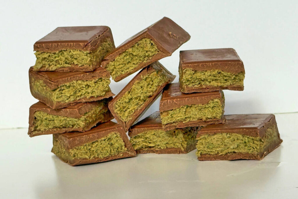 Pieces of Dubai chocolate bars are displayed in New York on Friday, Sept. 26, 2025. (Katie Work ...