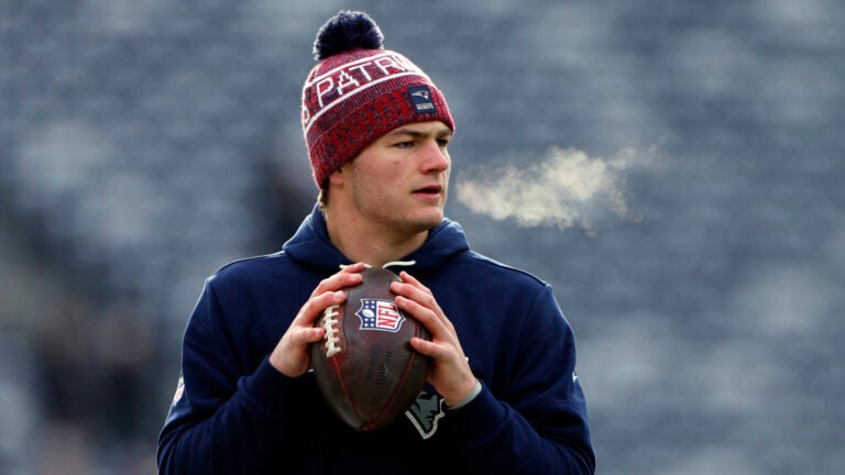 New England Patriots quarterback Drake Maye during warmups. The New England Patriots played the New York Jets at MetLife Stadium on December 28, 2025.