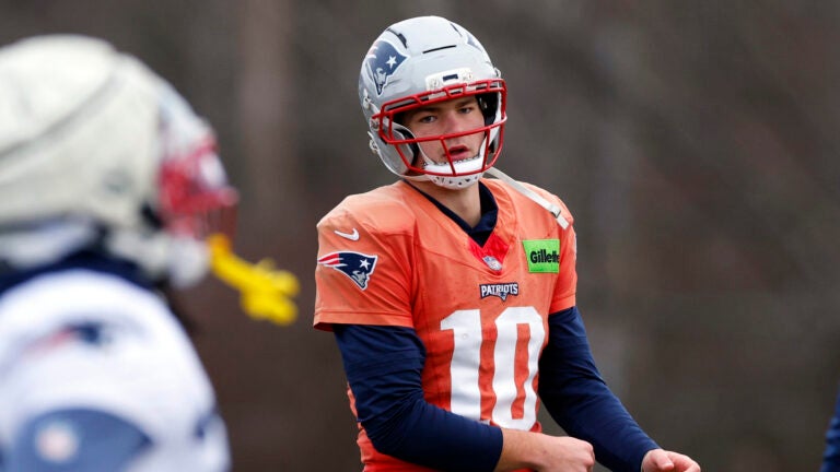 New England Patriots quarterback Drake Maye (10) during practice at Gillette Stadium on Dec. 24, 2025.