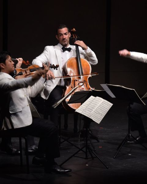 a quartet of string musicians wearing white tuxedos