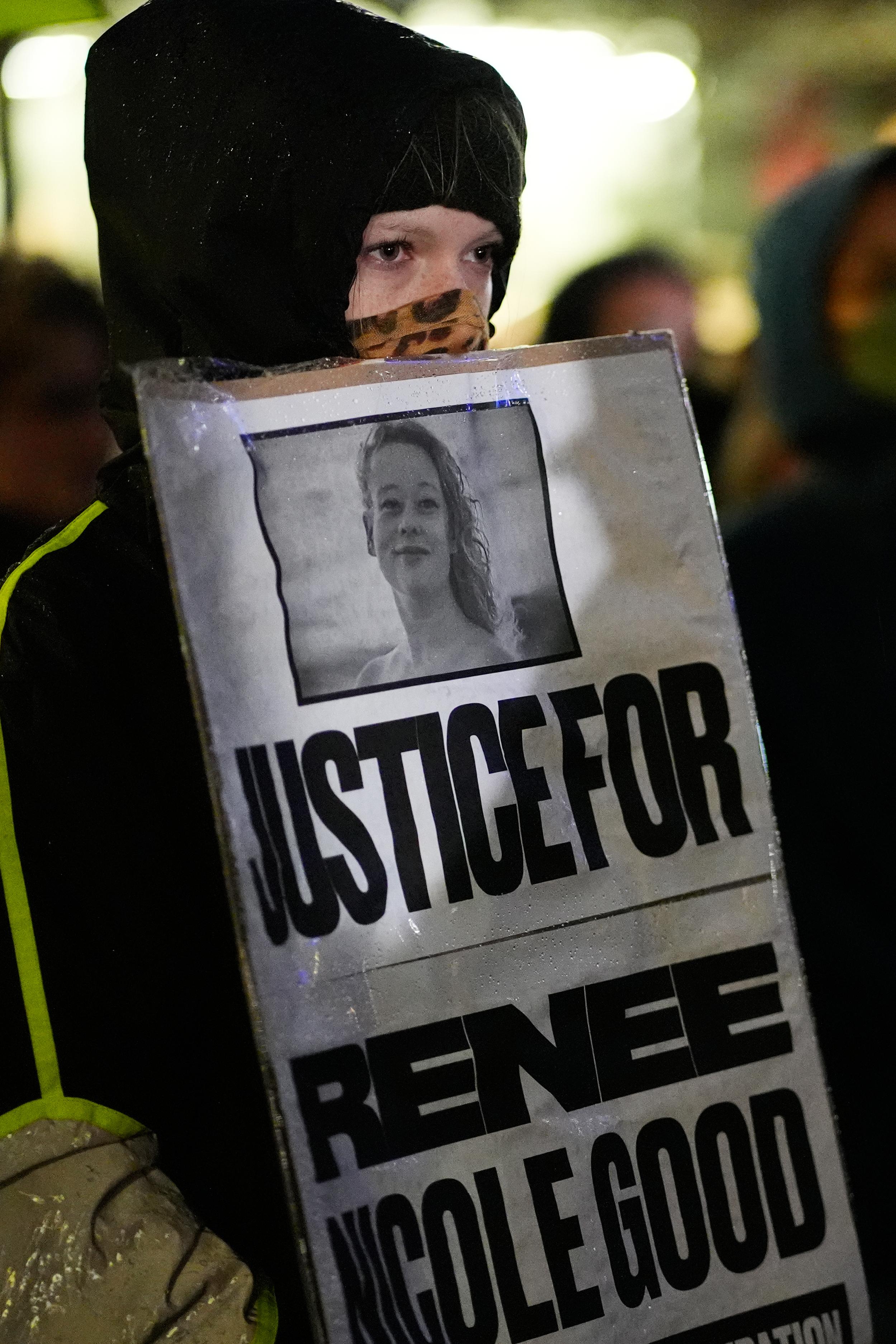 Anna Donigan protests during a rally for Renee Good, who...