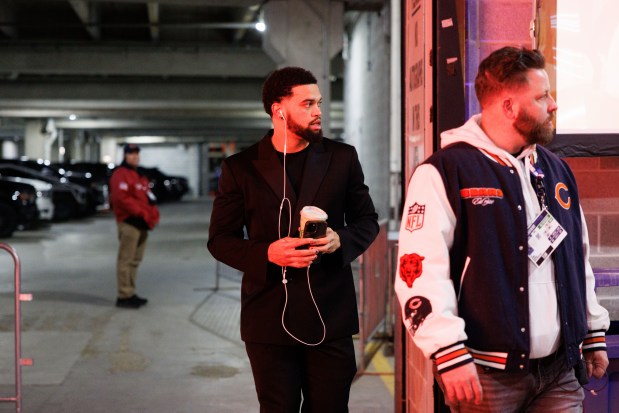 Chicago Bears quarterback Caleb Williams walks to the locker room before playing the Green Bay Packers in a NFC wild-card game at Soldier Field Jan. 10, 2026, in Chicago. (Armando L. Sanchez/Chicago Tribune)