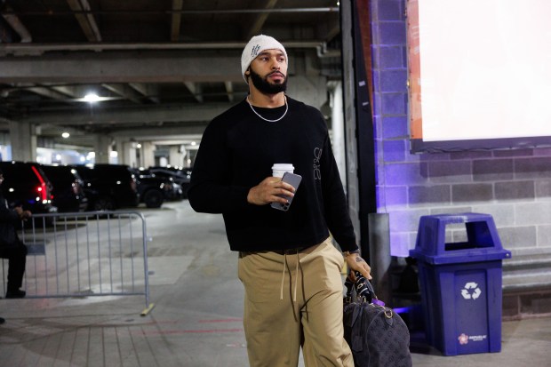 Chicago Bears defensive end Montez Sweat walks to the locker room before playing the Green Bay Packers in a NFC wild-card game at Soldier Field Jan. 10, 2026, in Chicago. (Armando L. Sanchez/Chicago Tribune)