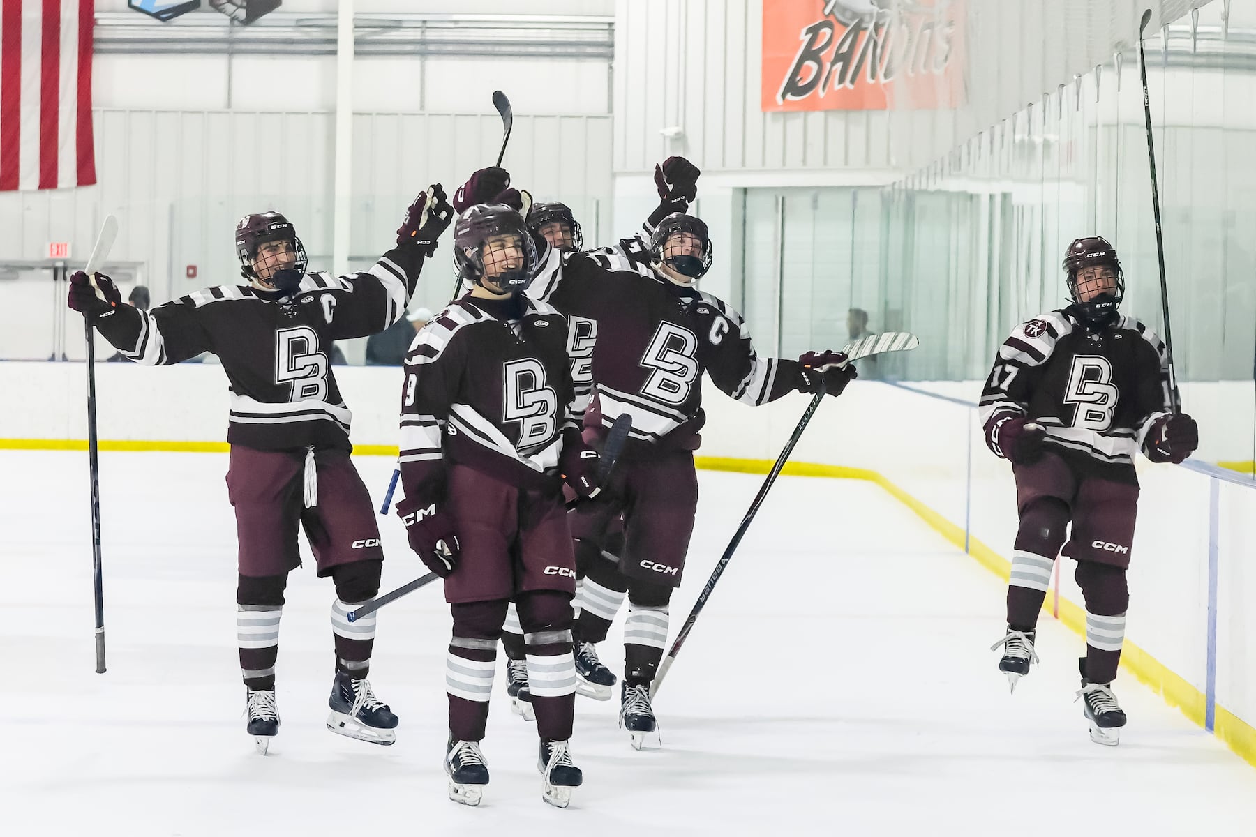 Don Bosco Prep celebrates a goal scored by Chris Conklin (17) against Delbarton during the ice hockey game at Ice Vault Arena in Wayne, NJ On Sunday, January 11, 2026.