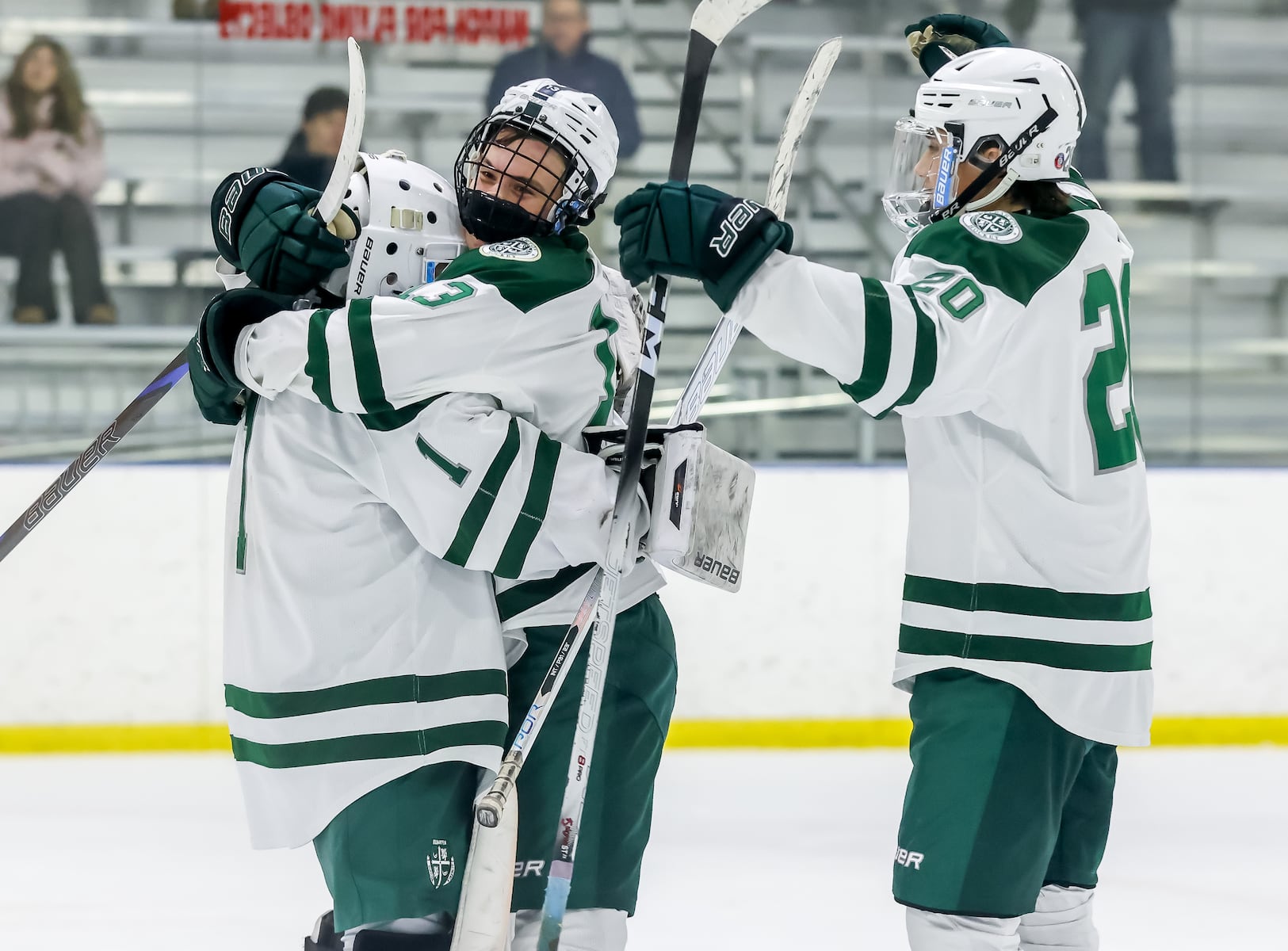 Delbarton celebrates after defeating Don Bosco Prep 3-1 in the ice hockey game at Ice Vault Arena in Wayne, NJ On Sunday, January 11, 2026.