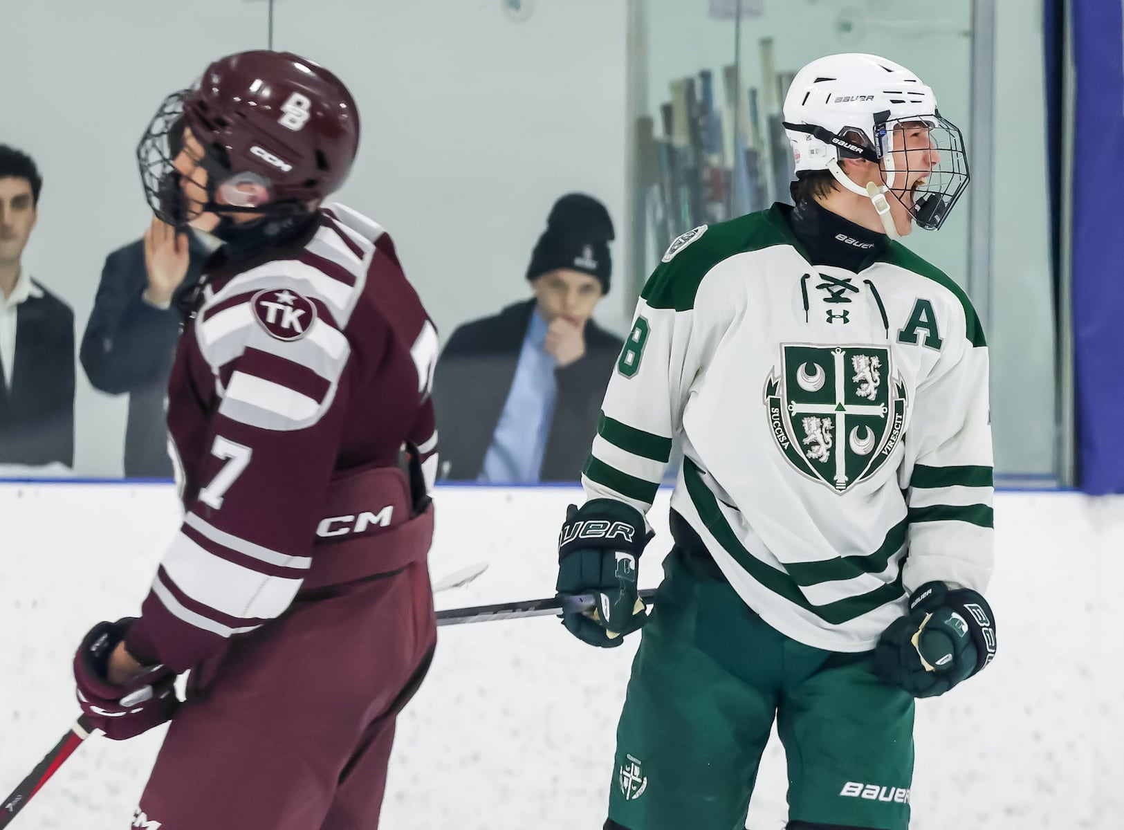 Ayden Puppe (18) of Delbarton is fired up after scoring a goal against Don Bosco Prep during the ice hockey game at Ice Vault Arena in Wayne, NJ On Sunday, January 11, 2026.