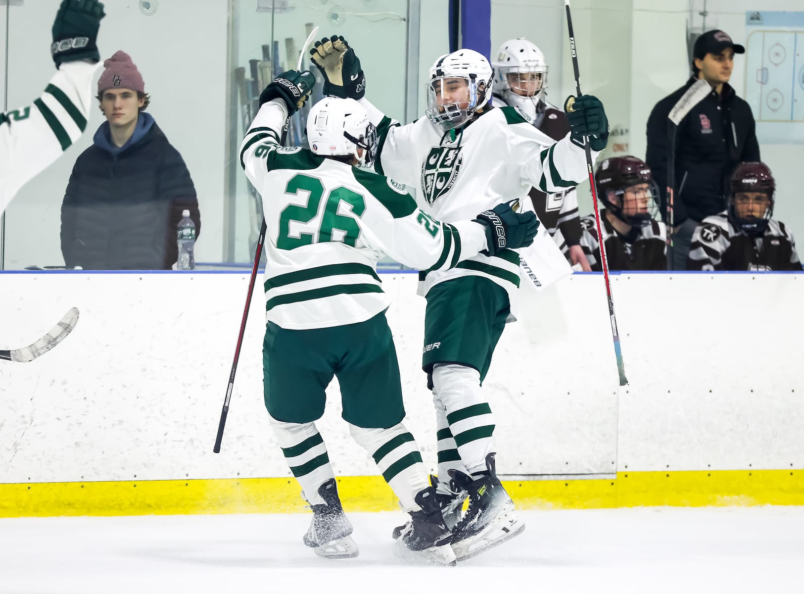 Jacob Gomez (20) of Delbarton celebrates with Matthew Good (26) after scoring a goal against Don Bosco Prep during the ice hockey game at Ice Vault Arena in Wayne, NJ On Sunday, January 11, 2026.