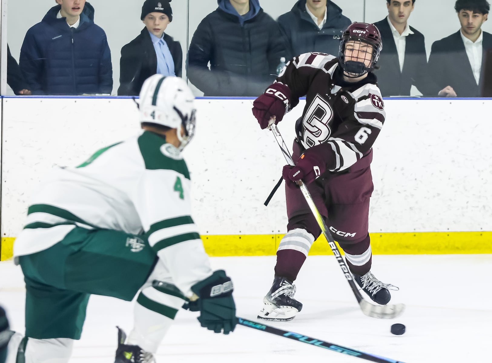 Leo McCullough (6) of Don Bosco Prep fires a shot against Delbarton during the ice hockey game at Ice Vault Arena in Wayne, NJ On Sunday, January 11, 2026.