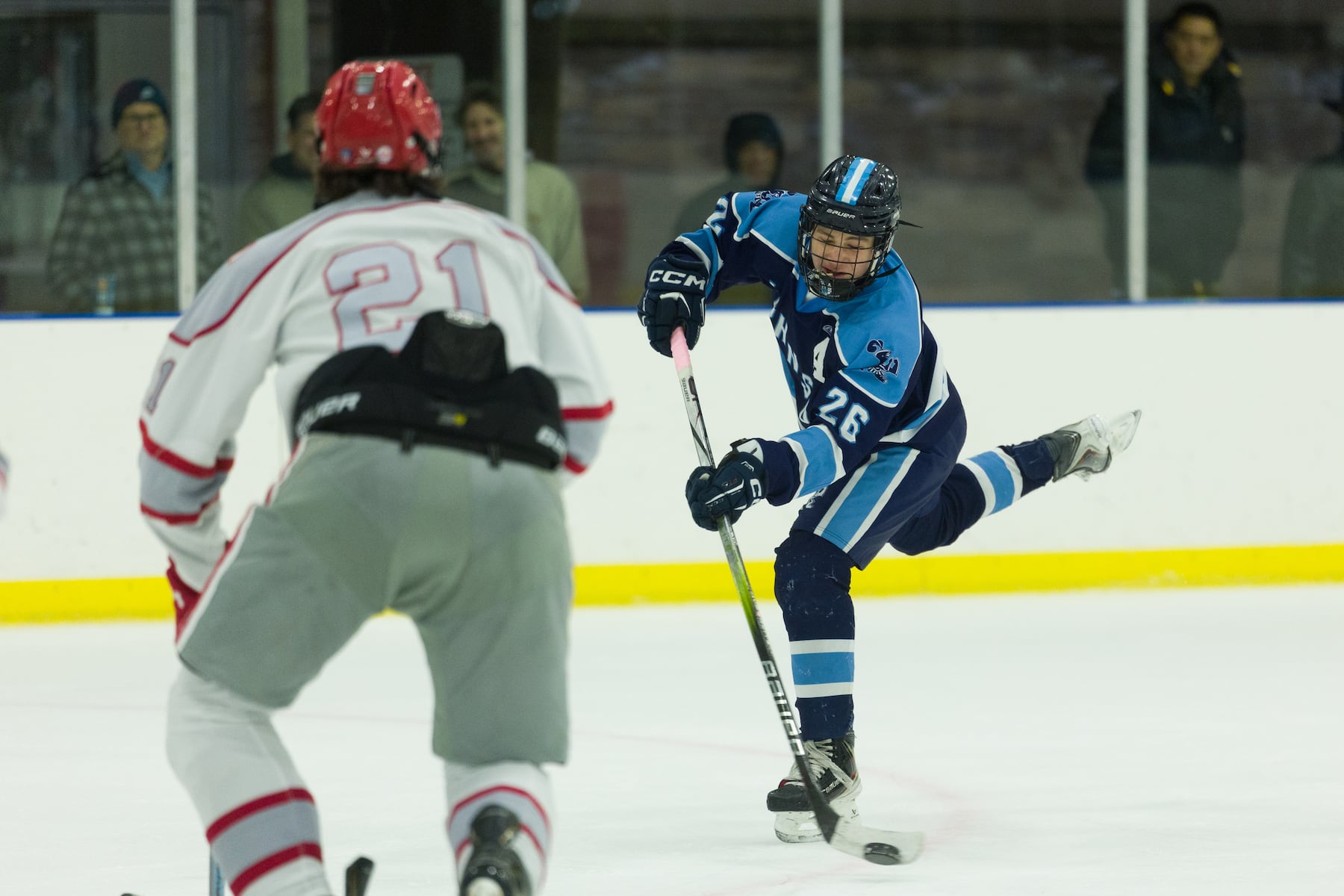 Logan Paskewich of A.L. Johnson (26) shoots on goal against Hoboken in Sunday's high school boys ice hockey showdown in Roselle. Johnson out-skated the Redwings 4-1.  01/11/2026
