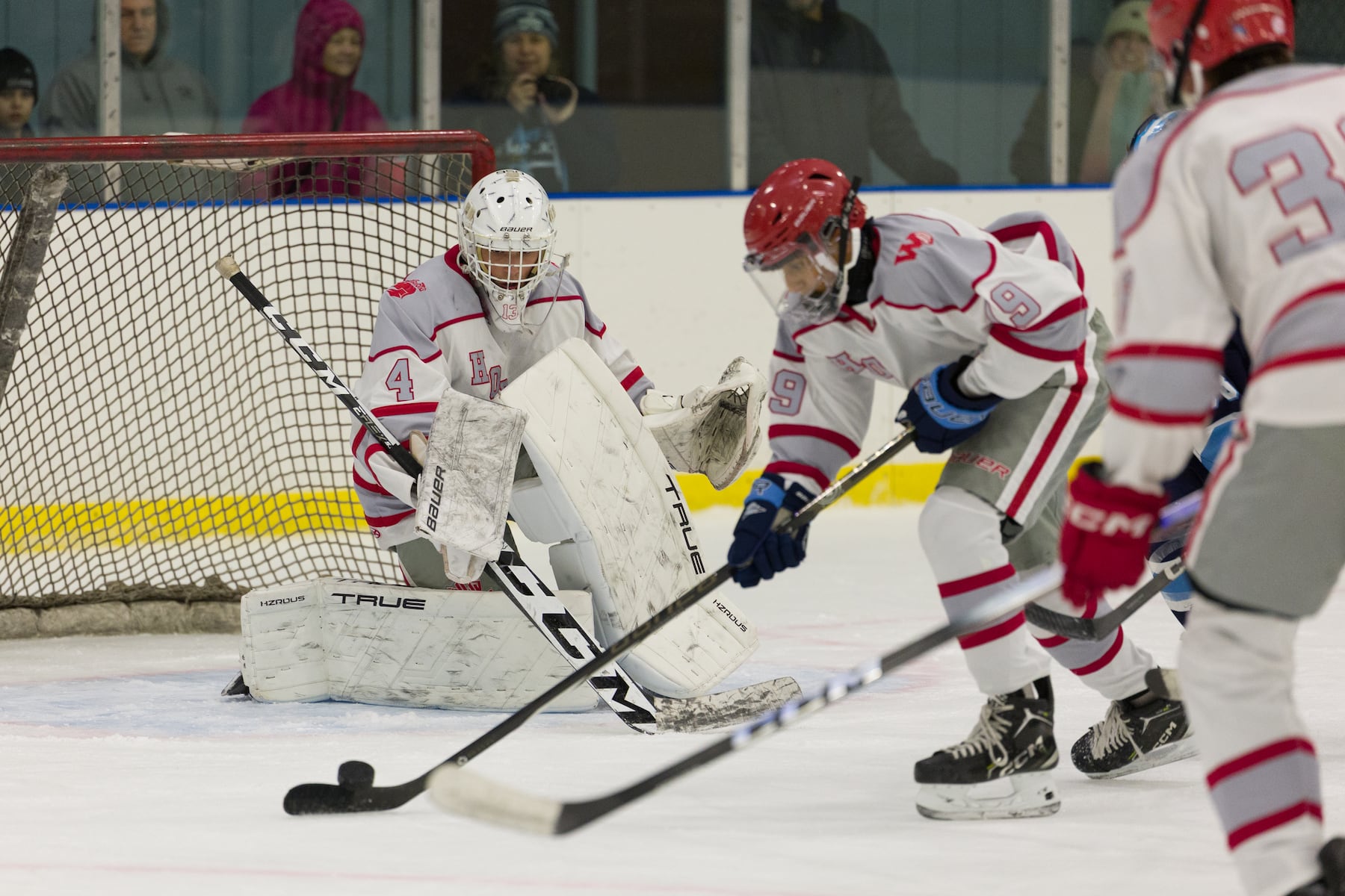 Hoboken goalie Christian Ferullo (4) stands in at goal against A.L. Johnson in Sunday's high school boys ice hockey showdown in Roselle. Johnson out-skated the Redwings 4-1.  01/11/2026