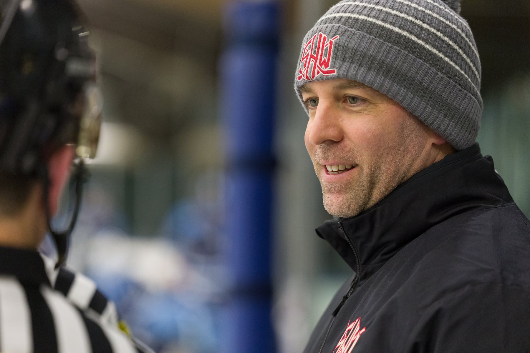 Hoboken head coach Damien Arnone brings his skaters up against A.L. Johnson in Sunday's high school boys ice hockey showdown in Roselle. Johnson out-skated the Redwings 4-1.  01/11/2026