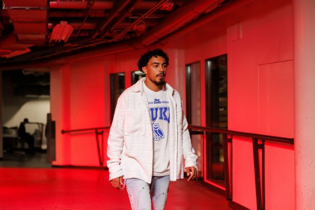 Bulls guard Tre Jones walks to the locker room before playing the Timberwolves in a preseason game Oct. 16, 2025, at the United Center. (Armando L. Sanchez/Chicago Tribune)