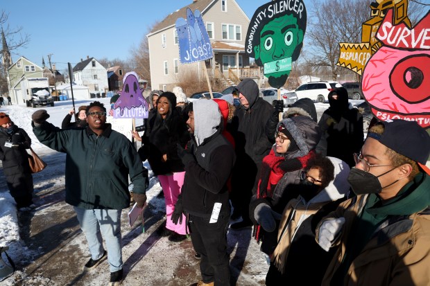 Christianah Akinsanmi, left, along with Southeast Side residents and supporters, gather near the Quantum Shore Chicago construction site, Jan. 28, 2026, to demand a referendum question about the campus be added back onto the March primary ballot despite being rejected by the Board of Elections. (Antonio Perez/Chicago Tribune)
