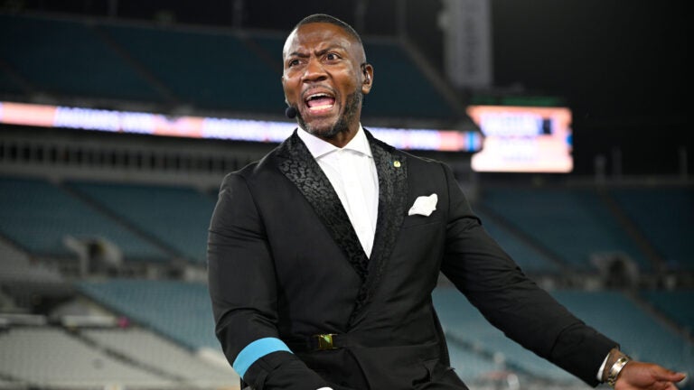 ESPN analyst Ryan Clark broadcasts from the sideline after an NFL football game between the Jacksonville Jaguars and the Kansas City Chiefs, Monday, Oct. 6, 2025, in Jacksonville, Fla.
