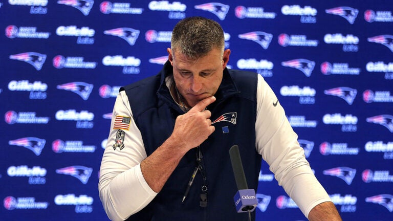 Patriots head coach Mike Vrabel pauses as he listens to a reporter’s quetion about Patriots Stefon Diggs at the Gillette Stadium media room.