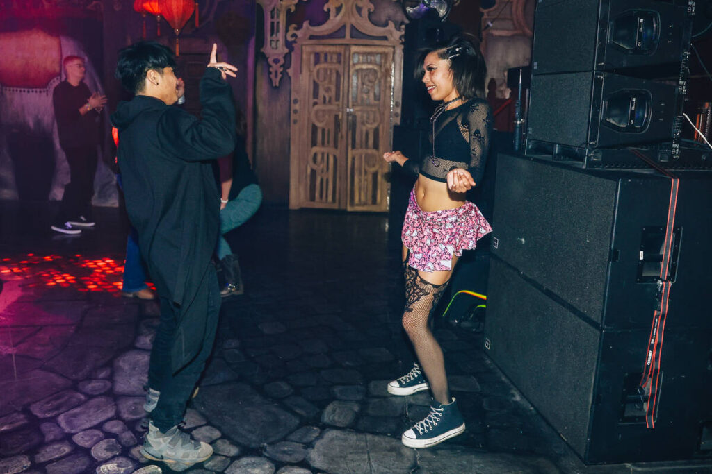 Patrons dance at Oddyssey Noir at Area15 Saturday, Dec. 13, 2025, in Las Vegas. (Madeline Carte ...