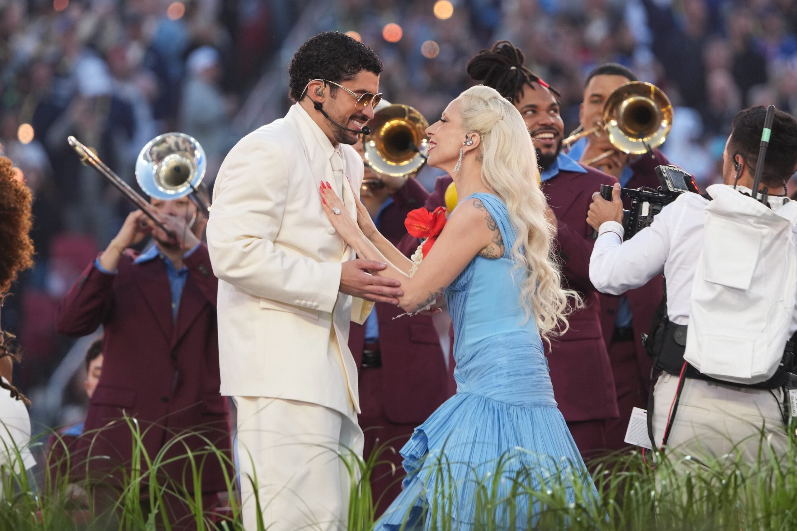 Lady Gaga performs with Bad Bunny during the Super Bowl LX halftime show at Levi's Stadium in Santa Clara, Calif., on Sunday, Feb. 8, 2026.