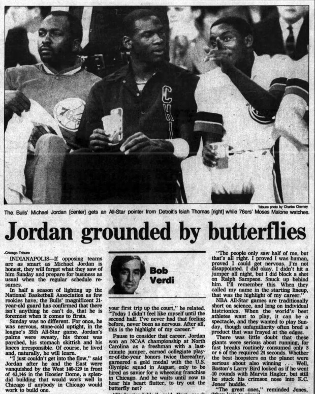 "I just couldn't get into the flow," Michael Jordan said after a jittery performance during the NBA All-Star Game on Feb. 10, 1985. (Chicago Tribune)